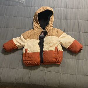 SwissTech Toddler Puffer Jacket 12M Hooded Colorblock Tan Rust Winter Coat Unise